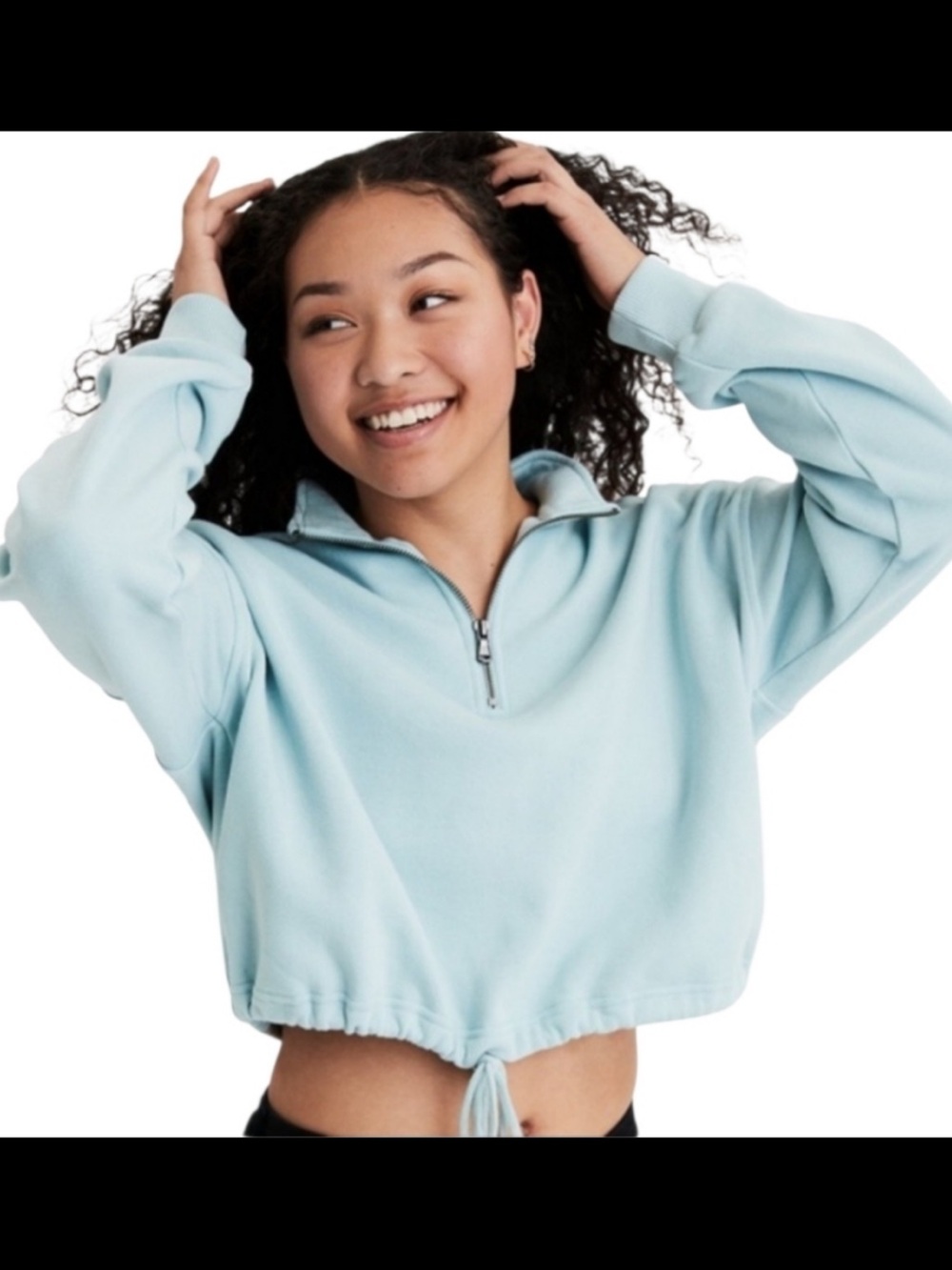 American Eagle Light Blue Cropped Cinch-Waist Quarter-Zip Sweatshirt sz Large